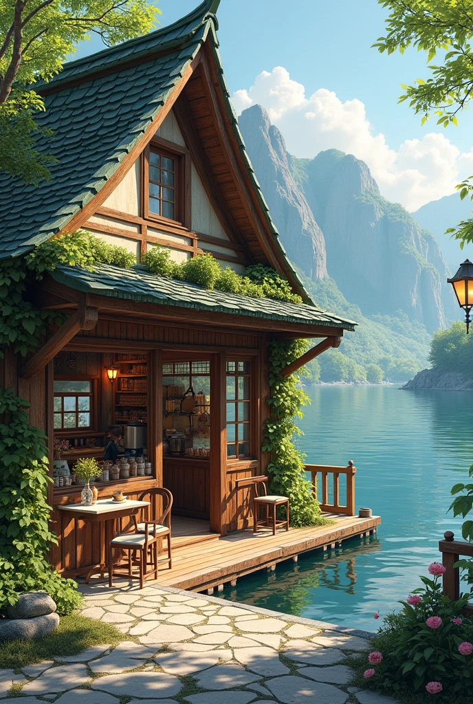 tea shop near lake side simple

