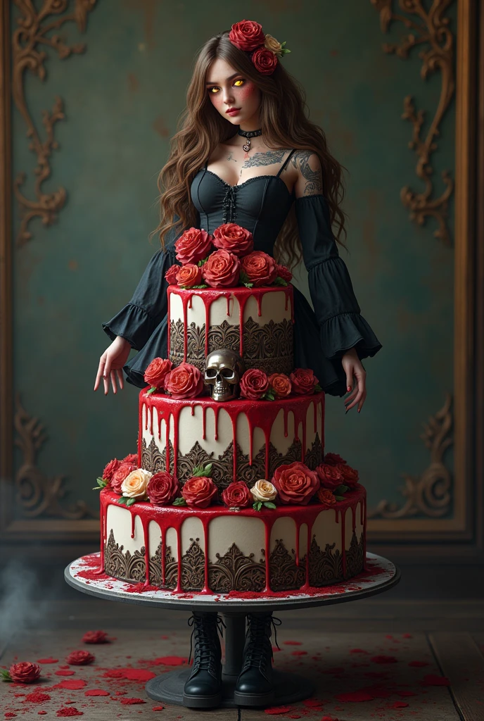 4k, extraordinary multi-layered cake, elegant intricate decoration details((best quality: 0.8)), ((masterpiece)), (detailed), 1girl, beautiful face, long, brown, wavy hair, short black dress with long sleeves, black and gray striped socks, black boots , passionate lips, light blush, big breasts, beautiful red eyes, fair skin, skull tattoo, beautiful smile, (glowing eyes: 1.4), (blood face), NSFW
