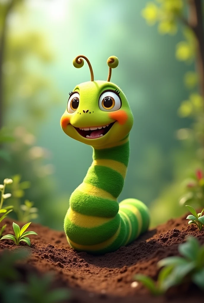 Wiggly the Worm**: A cheerful worm with bright green stripes and a big smile.