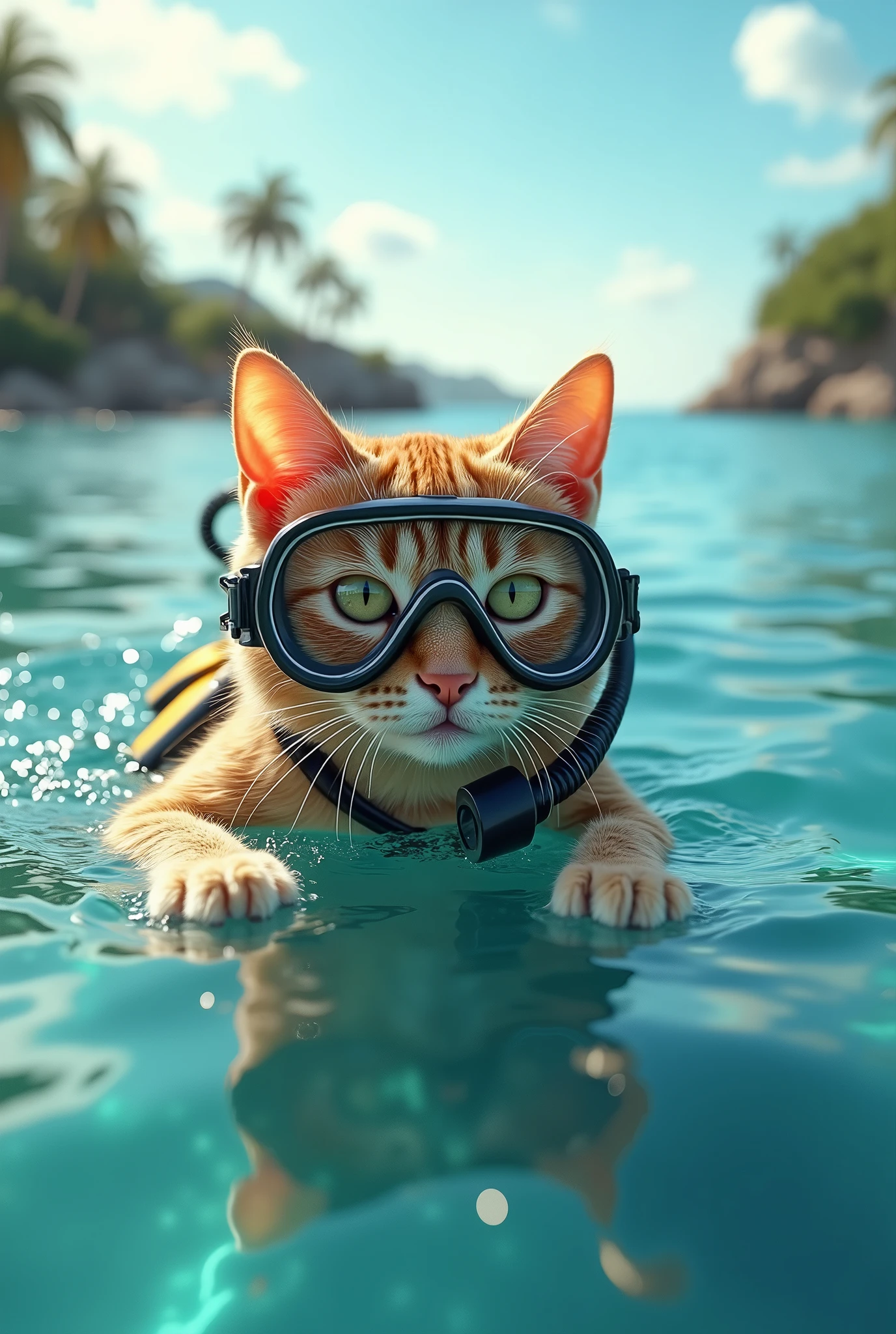 (masterpiece:1.2, Highest quality, Ultra-high resolution, Very detailed, Realistic, RAW Photos:1.2, Elaborate photos), 8k, wallpaper, (Ray Tracing), (A cat wearing scuba diving equipment, including a tiny oxygen tank, goggles, and flippers), (The cat is swimming on the surface of the water in a serene tropical ocean), (Clear blue water with small waves, the cat's fur slightly wet, with a determined expression as it paddles along), (Reflections of the cat and the sunlight glimmering on the water, distant islands and palm trees on the horizon), A photo capturing the adventurous spirit of a cat swimming on the ocean’s surface, equipped with scuba gear and surrounded by the beauty of a tropical seascape.