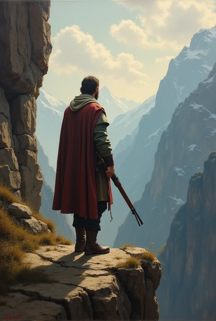 Oil painting in medieval style,Back view of a man in medieval clothing standing on a steep mountaintop cliff holding a musket