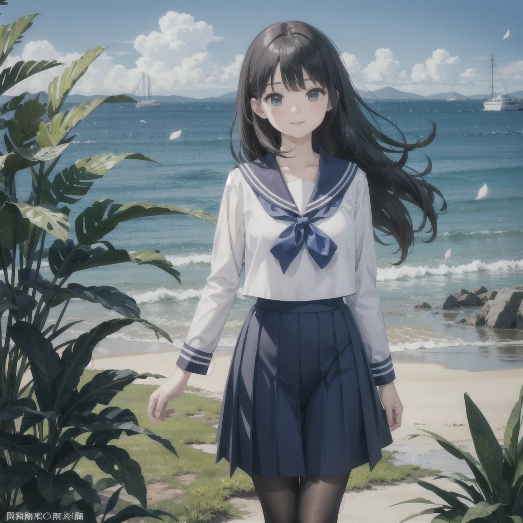 wallpaper, Clear Face, (masterpiece),  town,  blue sky,  一people々Girl, people々々Guide in the right direction,  smile,  一people々in,  Sailor suit、Long skirt,  Overgrown,  petal,  plant、Skirt lining、White slip、nostalgic、pantyhose（gray）、You can see the sea in the distance, Crotch close-up