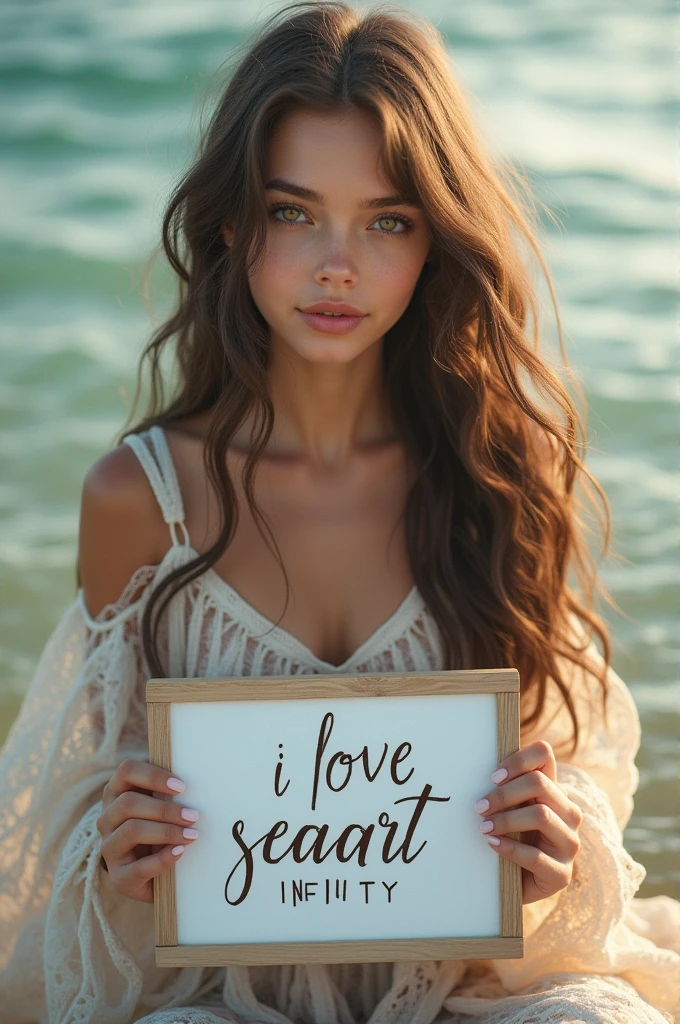 Beautiful girl with wavy long hair, bohemian dress, holding a white board with text "I Love Seaart Infinity" and showing it to the viewer