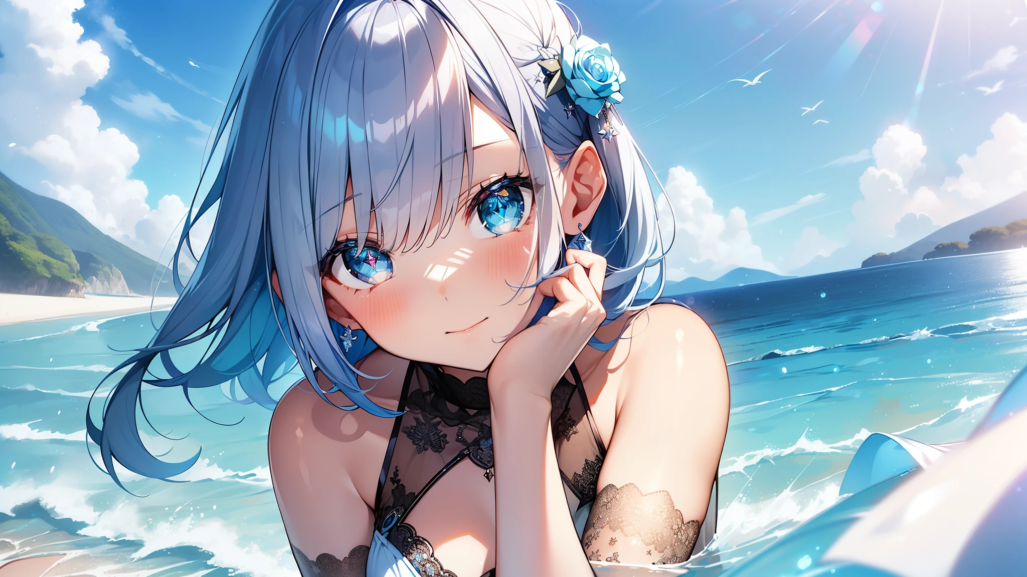 Best quality、Photorealistic、Ultra-detailed、delicate、Orderly、High Detail、Bluish Silver Short Bob、(Drooping heterochromia iris,glowing eyes、Sparkling Eyes:1.3)、Slender、(One girl:1.2)、(Super detailed, masterpiece, 8k, Angelic, 1 girl, Focus on the girl, dress, Wave, blue Ocean, Clear Color, bright, Ocean, transparent:1.3)、Ambient Occlusion、Ambient Light、Ray-traced Reflections、Glow、Shiny Hair、