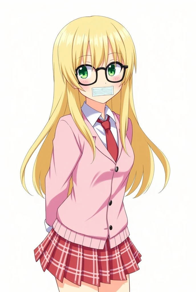 rebeccahawkins, green eyes, blonde hair, long hair, ahoge, bangs, glasses, school uniform, necktie, pink jacket, plaid skirt, skirt, short skirt, zettai ryouiki, embarrassed, tape, tape gag, gagged, tied, tied up, , tied wrists, hands behind back, tied ankles, tied arms to the body,