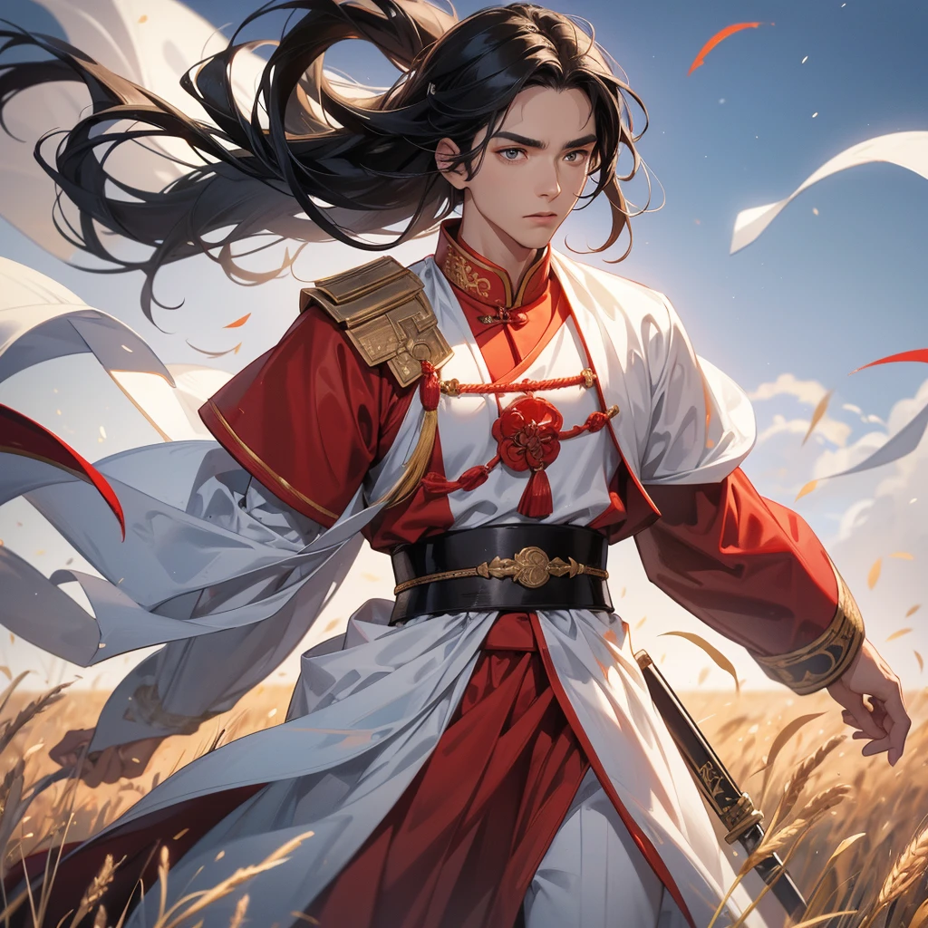 Handsome black-haired male general holding a large sword in white-red ancient Chinese general costume, standing in the middle of a wheat field.