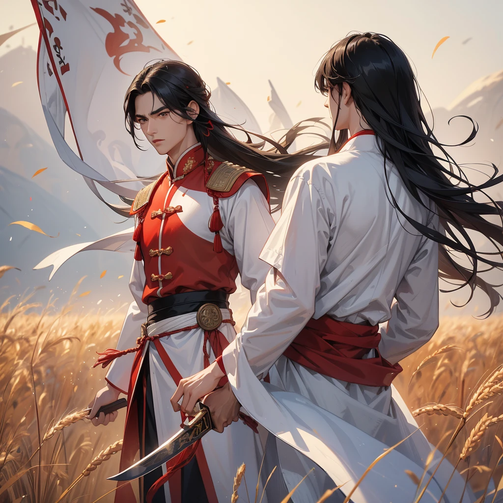 Handsome black-haired male general holding a large sword in white-red ancient Chinese general costume, standing in the middle of a wheat field.