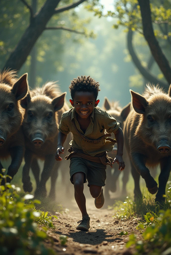 little black man chased by thousands of wild boars