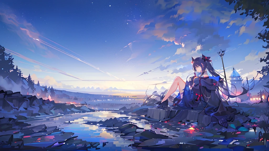 masterpiece,night,(dark alley),star、Night evening Sky、milky way、octone、
(1. Female), (solo), Knee hugging sitting,acousticguitar