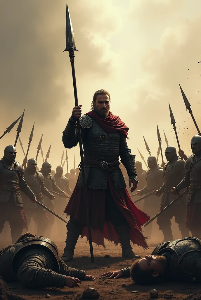 Man with a spear, in a medieval battle, his accomplices defeated him, there are many enemies, Adam is protecting everyone from the enemy, enemies with swords and shields , his partners are dead