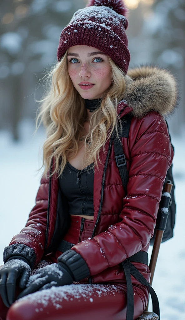 (highly detailed) Hot young teEnage AFGHANISTAN 14 YO girl is wearing dark matte cherry winter latex suit with black elements, (((THE ZIPPER IS OPEN TO HER NAVEL SO YOU GET A GREAT VIEW OF CLEAVAGE))),, suit is covered in snow that reflect the light of the sun she has blond wavy hair freckles and her ass is bigger her brest is big HD real photo 8K she is fit her waist is slim she is looking very young her brest is very big she wears black latex gloves with fur she curves her ass on her waist is belt she is covered in snow her hair is covered in snow she wears dark cherry hat with a pompom made o fur winter she has a hoodie with fur she also wears tight dark cherry and climbing harness around her ass she is wearin boots witu fur
her face is cold and white and looking very young and thin snow is lying on every part of her suit.
Snow is on her ass and brest she is looking young and happy she is siting on a chair
She is wearing very dark cherry lipstick HER CHEST COVERING HER BREASTS looking the same as she with her hand HUGE BREASTS AND CAN SEE DETAILED CLEAVAGE,, DETAILED ABS,ABS,ABS, HAS A VERY CUTE SMILE
Her eyes are blue
View from the back, THE PERFECT CURVED ASS