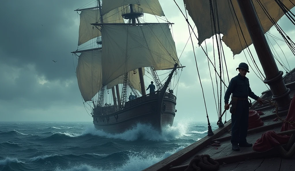 Two crew members in ship , ship is little bit broken and sails of ship are torn