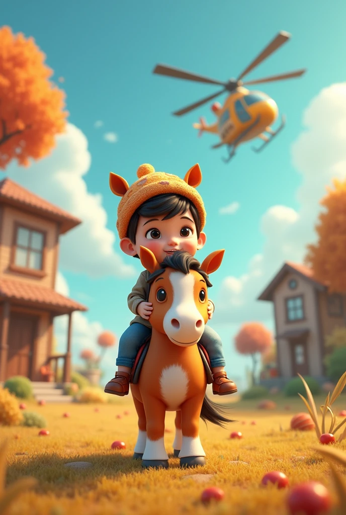 1 cute cartoon child sitting on a horse, detailed hat, detailed ground, detailed house, detailed helicopter in the sky, highly detailed, cinematic lighting, photorealistic, vibrant colors, 8k, best quality