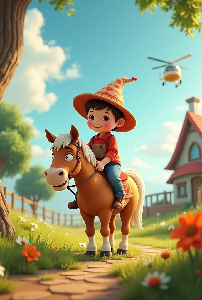 1 cute cartoon child sitting on a horse, detailed hat, detailed ground, detailed house, detailed helicopter in the sky, highly detailed, cinematic lighting, photorealistic, vibrant colors, 8k, best quality