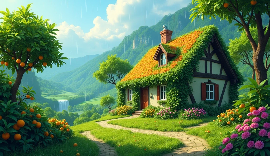 une vallée verdoyante avec une belle hutte construite dedans. Le toit de la hutte est fait de fleurs, et il y a une route avec un oranger sur son bord, avec des oranges fraîches qui y pendent. Il y a de la verdure tout autour, et il pleut."