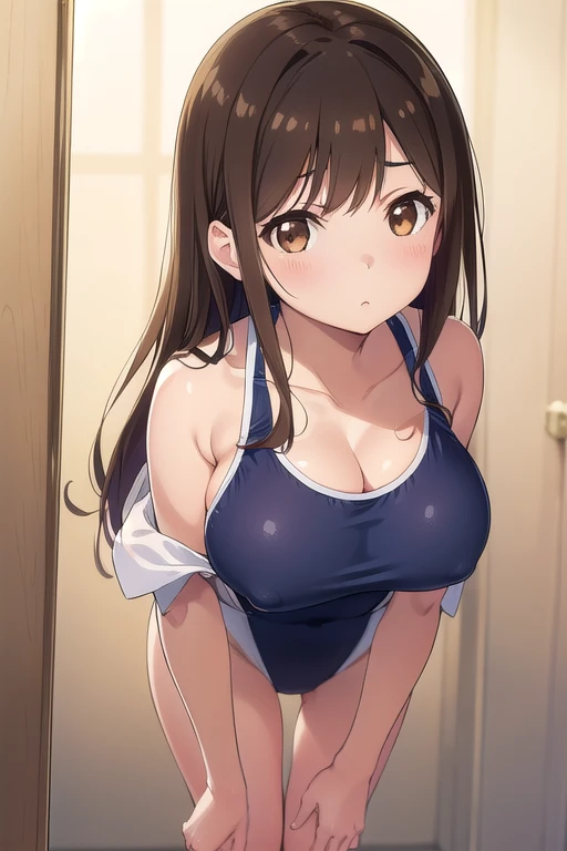 mizuharachizuru, Chizuru Ichinose, Long Hair, bangs, Light brown hair, (Brown eyes:1.5),(masterpiece:1.2), Highest quality, High resolution, unity 8k wallpaper, (figure:0.8), (Beautiful attention to detail:1.6),Big Breasts,Cleavage,School Swimsuit,Navy blue swimsuit,Swimsuit,Swimsuit