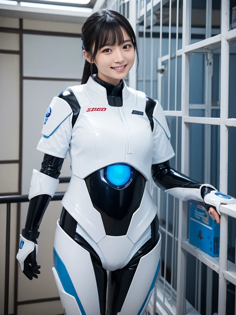 Japanese female android,Black Hair,White and blue robot suit,Plump,Looking at animals in cages at the zoo,smile