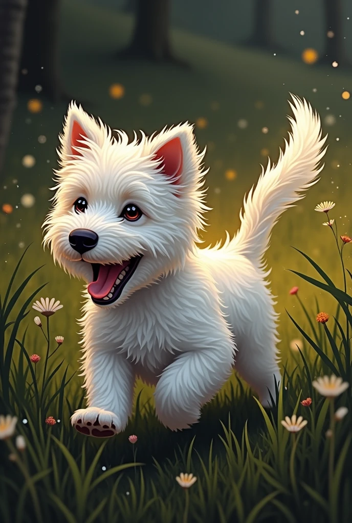 West Highland White Terrier、Running happily through the grasslands、Still a puppy、Active and intelligent、An illustration、