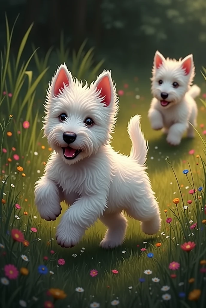 West Highland White Terrier、Running happily through the grasslands、Still a puppy、Active and intelligent、An illustration、