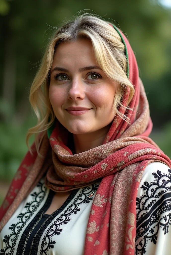 Wearing scarf embroidered with the flag of Algeria, close-up of a blonde, plump woman, wearing a black and white embroidered and decorated dress, perfect clarity of the entire image, sharpness of the face and eyes, intricate details 64k 32k HDset green nature background