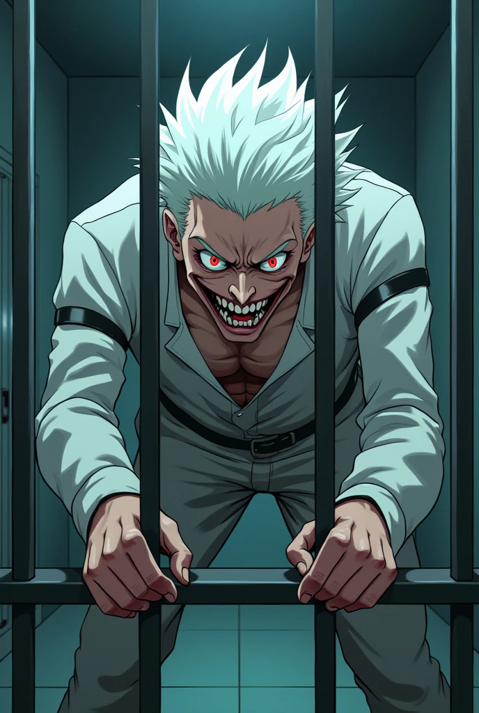 Man with white hair and red eyes, with a psychopathic smile, with a long-sleeved straitjacket, inside a room in a psychiatric hospital, bending the steel bars of his room. cheered up. anime.
