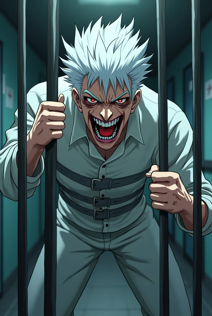 Man with white hair and red eyes, with a psychopathic smile, with a long-sleeved straitjacket, inside a room in a psychiatric hospital, bending the steel bars of his room. cheered up. anime.