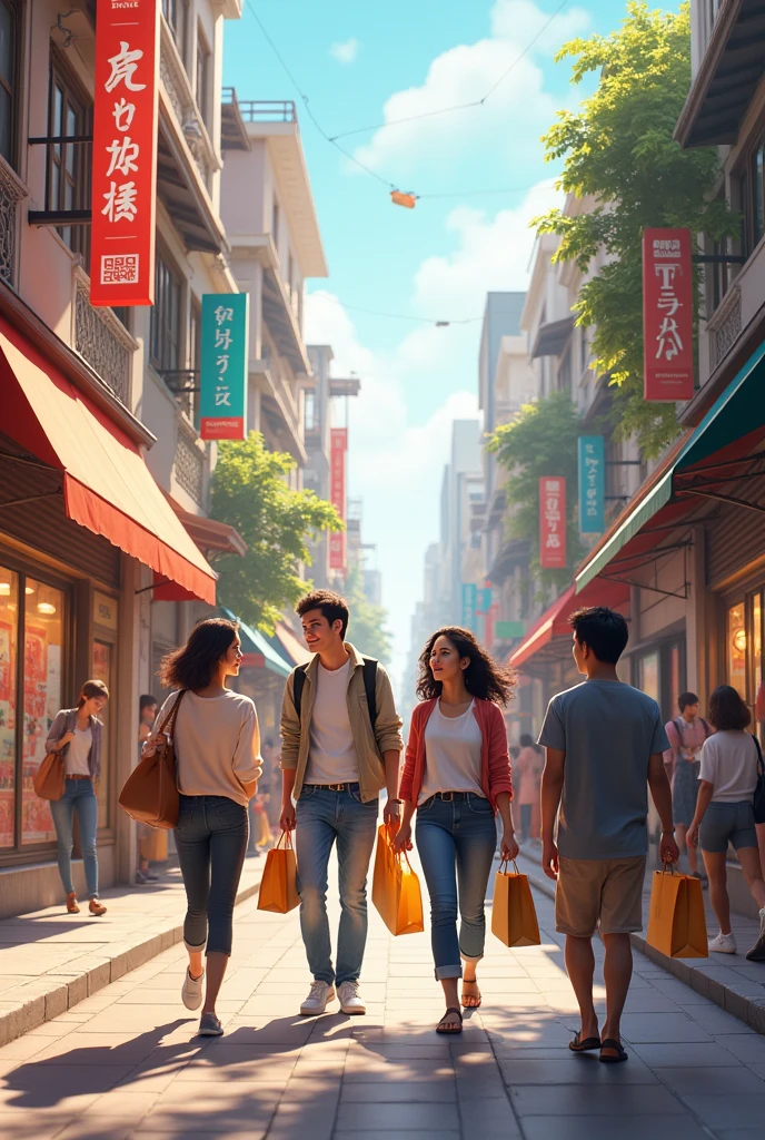 Paved street with Shopee and Aliexpress storefronts on the right and Shein and Temu storefronts on the left, with people smiling with shopping bags in their hands 