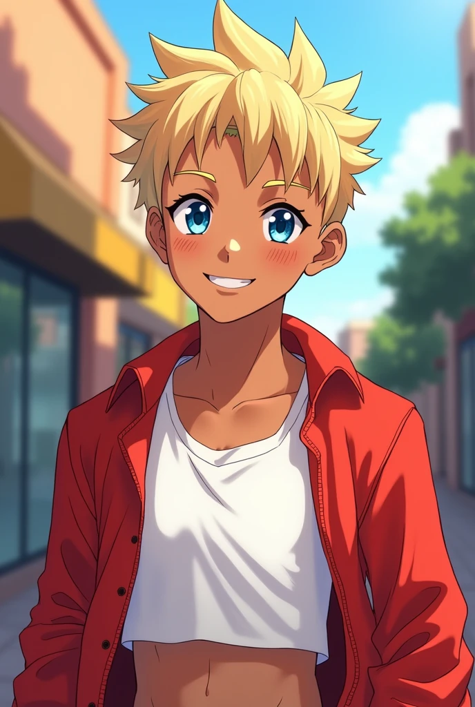 Mulatto with blond, straight, short hair and blue eyes, he has a white crop top and red jacket, he has a smile on his face, anime style