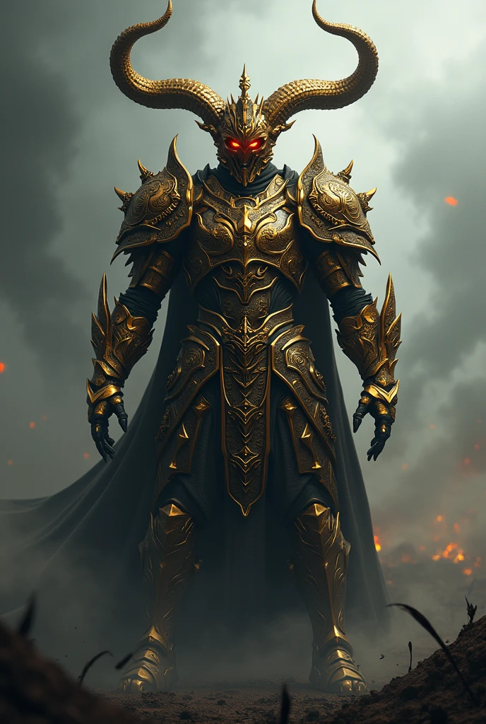 warrior, conceptual artwork, Fantasyart, battlefield background, clean rendering, one horn, Wear armor, Detailed Bushido in Smoke Form, helmet of a forgotten deity, character is standing, 8k realistic, in game rendering, detailed detail of the bottom of the face, Art station front page, bull, Fantasia pseudo-medieval, A deity wearing koi armor, detailed bronze armor, Bronze Armor, golden engraved armor, gold obsidian armor, Light Golden Armor, Beautiful filigree armor, A demonic warrior, Beautiful armor full of spikes, Complex killer armor, Complex metal armor, powerful warrior, dressed in beautiful golden armor,Decorated with intricate patterns, The helmet has a large crown and two horns,eerie glowing red eyes, Everything is in the dark, The smoky background alludes to battle scenes, Add a sinister aura to your character,submission, full body shot shot.