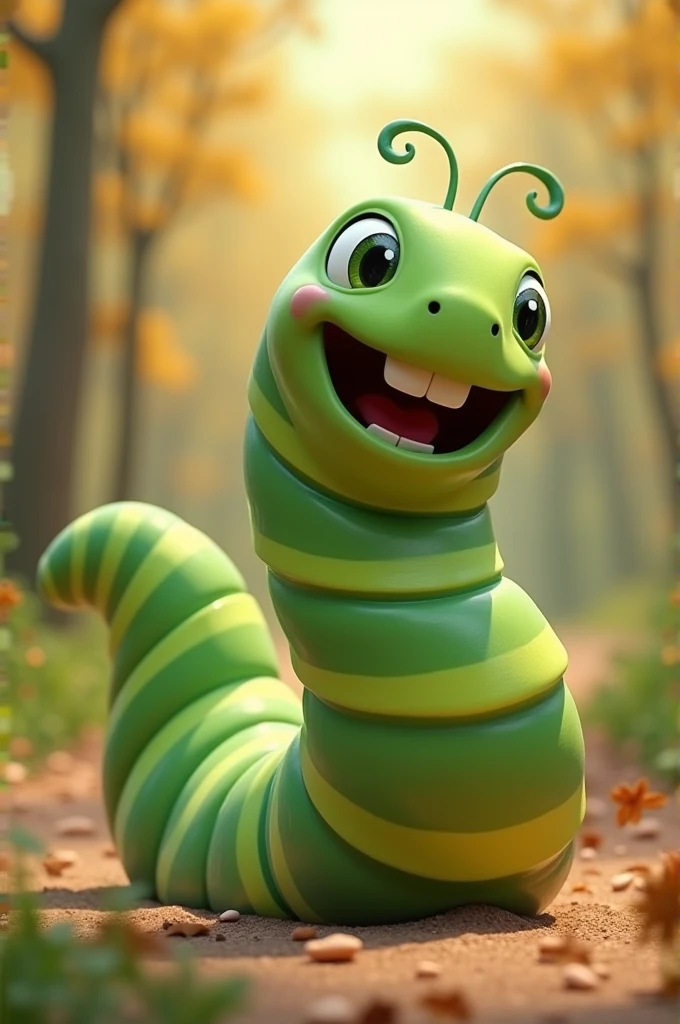 Create in 3d animation,Wiggly the Worm**: A cheerful worm with bright green stripes and a big smile.,