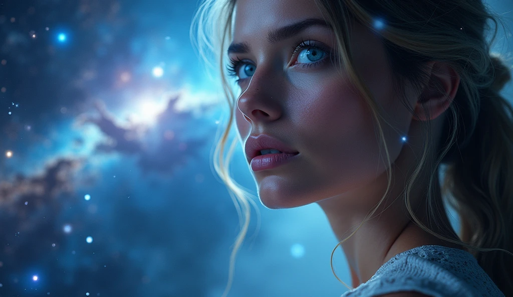 A close-up of a woman facing directly towards the viewer with a serene and determined expression, illuminated by a radiant beam of light emanating from a majestic galaxy in the background. The woman has striking light blue eyes that stand out, adding a mystical element to her appearance. The galaxy in the background is filled with vibrant, swirling stars and nebulae, creating a cosmic atmosphere. The woman’s face and upper body are clearly visible, with her arms slightly raised as if receiving a cosmic message. The background features deep blues and purples, capturing the vastness of space. The overall mood is awe-inspiring and empowering, symbolizing the connection between the Earth and the universe, and reflecting the theme of changing the future with the power of a universal message.