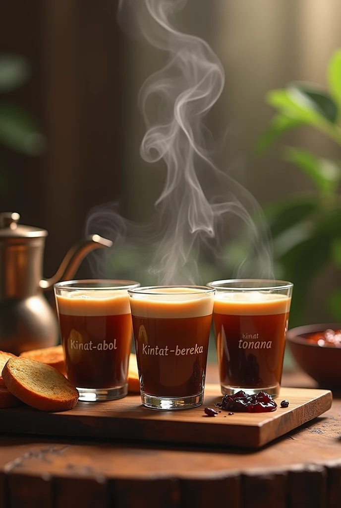 Moccapot brew coffee on to a three-layered cups. Each cup has a name printed on it says Kinat-Abol Kintat-Bereka and Kintat-Tonana. With full of coffee steam in the air. Toasted bead and jam spread on it.