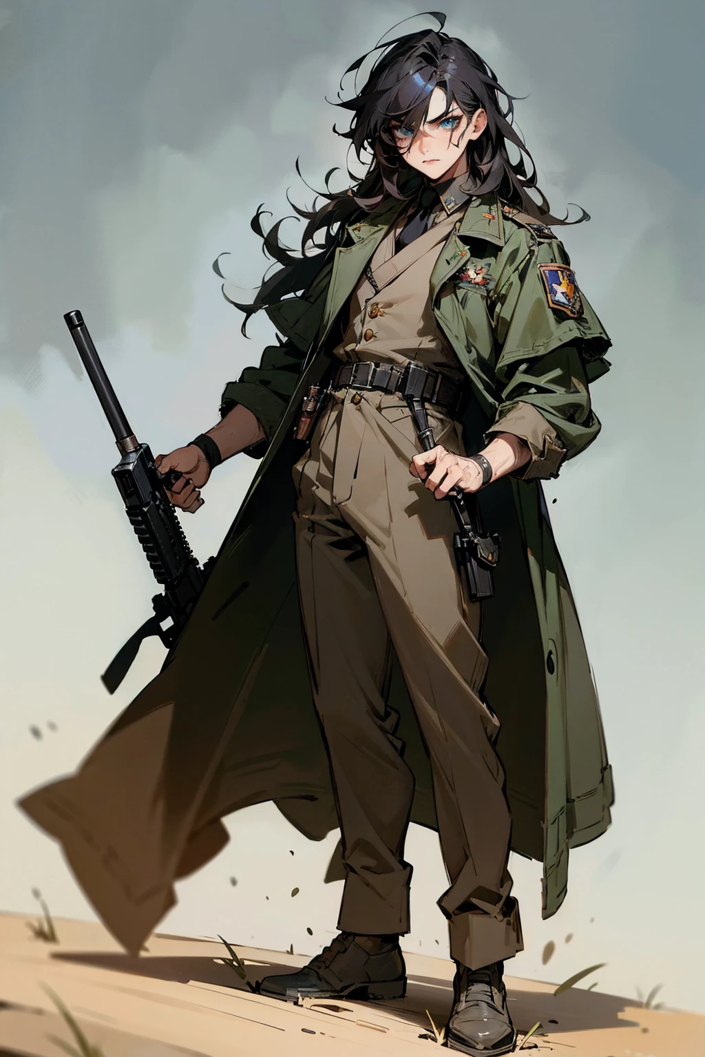 Masterpiece Quality, Perfect Generation, Sclera, Detailed Eyes, Skin, , , Soldier Clothing, Random Expression, , Battlefield Background, Full Body, Clothed, Hair Tie, Mad, Standing, strong, , eyes, , masculine, t, , scars, Male, military hair, gun