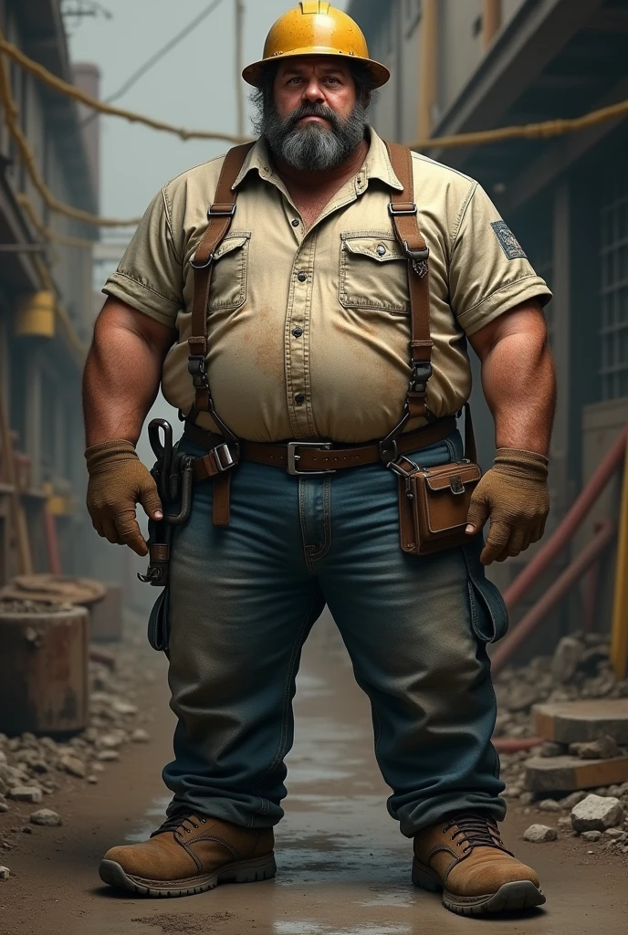 Chat is a burly man in his early 40s, with a rugged appearance from years of labor. He has a weathered face, a strong build, and calloused hands. His dark hair is often hidden under a hard hat, and his clothing consists of a worn, stained work shirt, sturdy jeans, and heavy-duty boots.