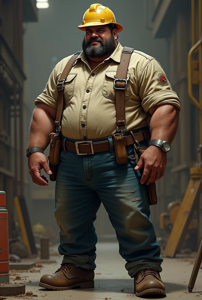 Chat is a burly man in his early 40s, with a rugged appearance from years of labor. He has a weathered face, a strong build, and calloused hands. His dark hair is often hidden under a hard hat, and his clothing consists of a worn, stained work shirt, sturdy jeans, and heavy-duty boots.