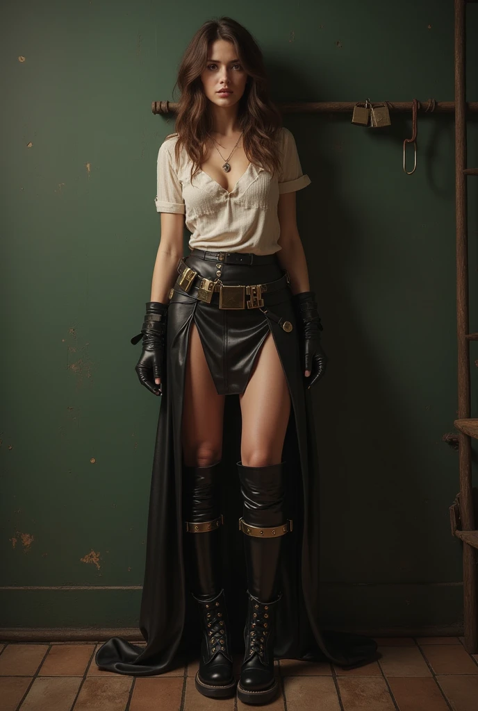 The husband put permanent latex boots and a permanent leather skirt on his wife; she tries to take them off, but it is impossible. latex boots with metal bracelets on the heels, locked with padlocks. locked leather skirt super realism beautiful girl innocent look latex boots with metal locks tightly attached to her legs long leather skirt with a lock. beautiful girl with an innocent look tries to take off her skirt and boots super realism