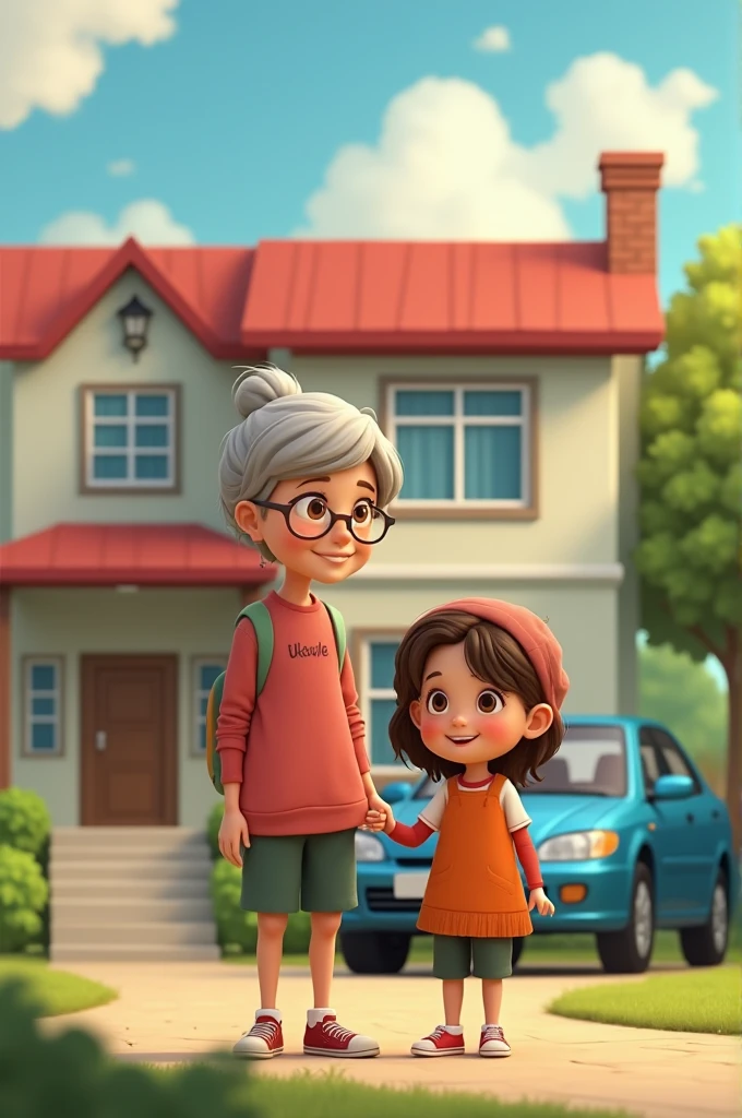 Maryam young girl standing in front of beautiful house and a car with her old mother .generate in animated form