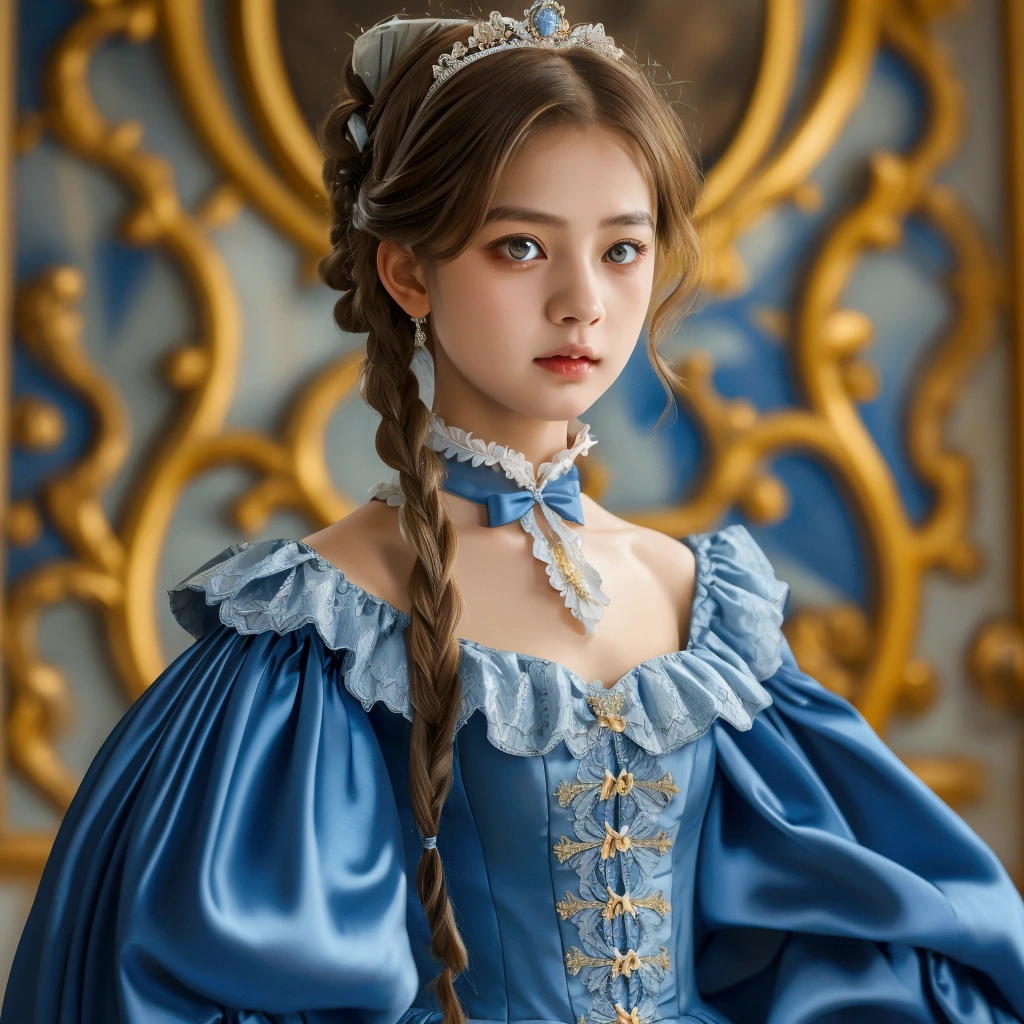 ,Highest quality, masterpiece, Highest Resolution, artwork, super それにGet used to it, many Get used to it, Get used to it, それにGet used to it, 3K realistic photo,,,((Young short girl 1.6)),Very detailed boy's face,Long Hair,The girl is a princess,(((Full-length ball gown dress with hoop skirt))),Frilled yoke collar,Puff sleeves,Lace-up ribbon on chest,Long sleeve,((Victorian Blue Detailed Princess Satin Dress、Lots of frills and ribbons。)),Rococo style,(((Detailed braided chest 1.6)),Glossy silk satin dress,Soft and smooth fabric,luxury,Long Wavy Hair,Inside a Medieval European Palace,