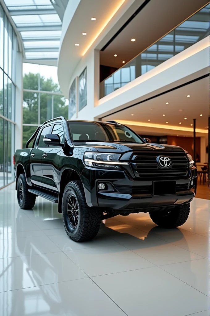 Give me a competitive image of ( Toyota land cruiser pickup ) ( black ) in showroom