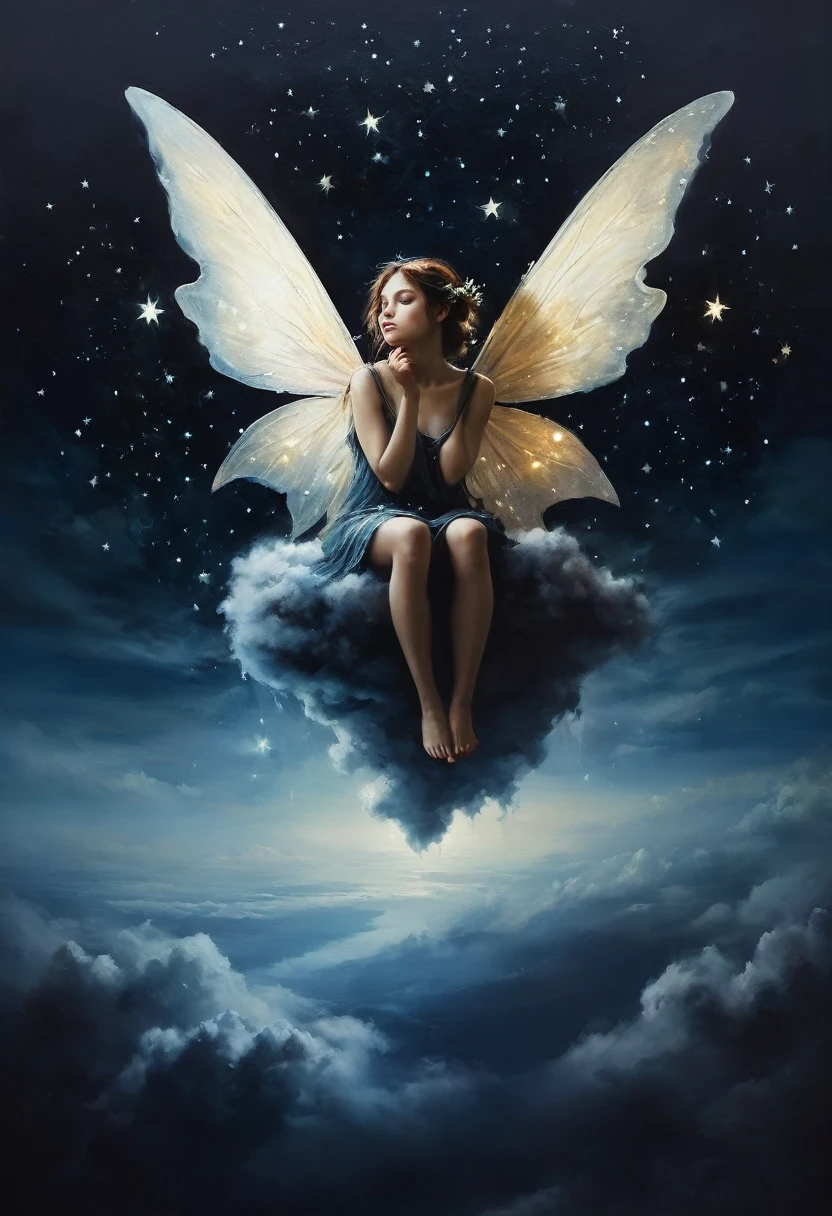 painting of a fairies sitting on the clouds under the stars, dark atmosphere, cinematic scene, volumetric lights, ultra realistic, in the style of nicola samori