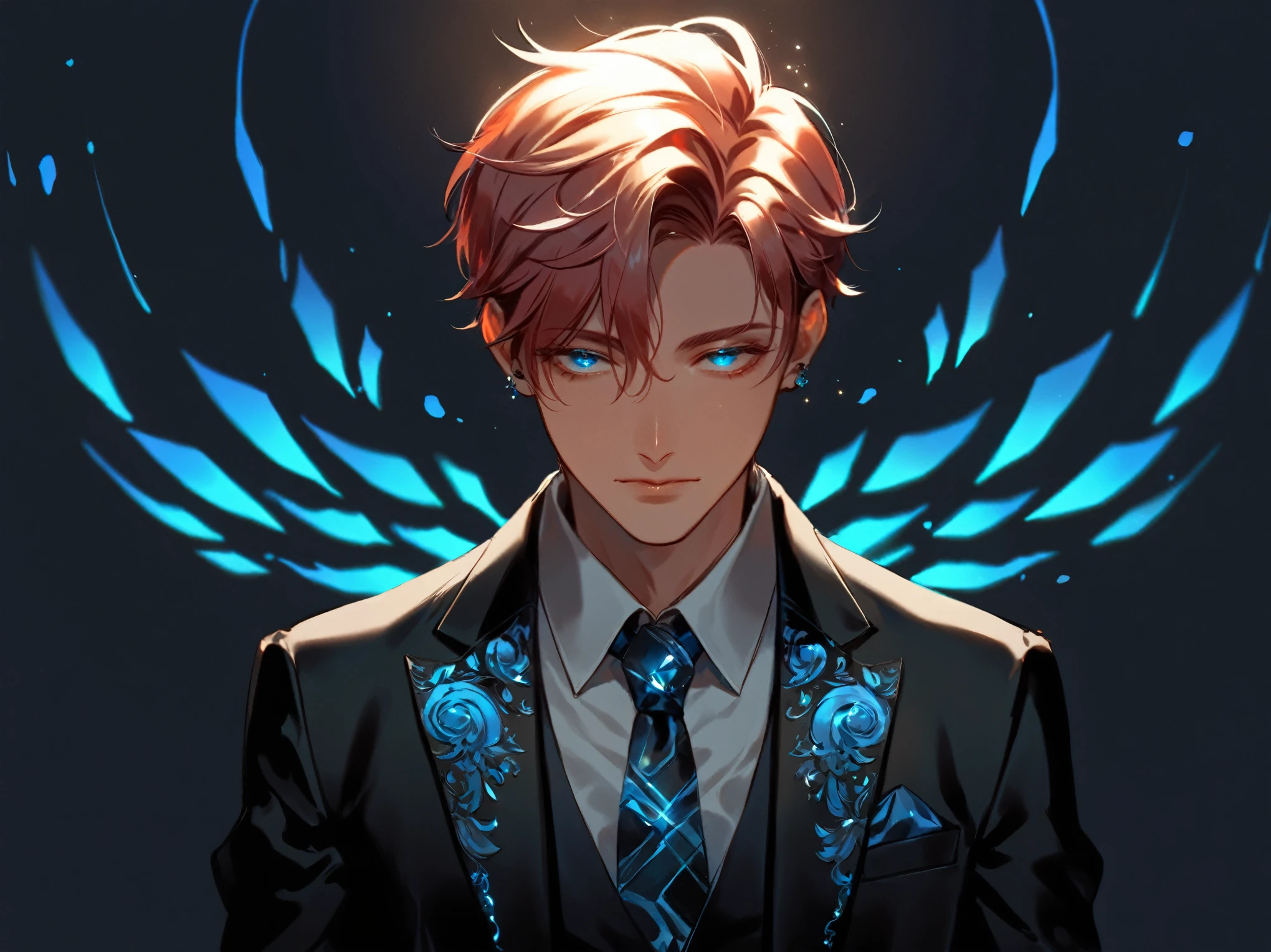 The image depicts a young man with an androgynous and ethereal appearance, with fine and delicate lines. Seu cabelo, which is long and slightly wavy, falls softly over your shoulders and frames your face elegantly. The hair color is a vibrant shade of red, a rich and intense blend of copper and scarlet, which contrasts beautifully with her fair, pale skin. His eyes are a vivid, piercing blue, almost hypnotic, conveying a sense of mystery and depth. The look is serene, but charged with emotion, with long eyelashes that further accentuate its intensity. His eyebrows are thin and well delineated, complementing the harmony of your features. He's dressed smartly, wearing a dark blue shirt underneath a well-fitted black blazer. The shirt collar is open, revealing a silver chain necklace with a large, ornate pendant, containing a luminous blue stone, that seems to almost glow with a light of its own. His expression is calm and introspective, reflecting a mixture of serenity and a slight touch of melancholy. The soft light that illuminates the surrounding environment creates a delicate halo around it., highlighting the brightness of her red hair and the clarity of her eyes. Ao fundo, there is a slightly blurred environment, with soft tones and sparkling lights, which add an almost magical and mysterious atmosphere to the scene.