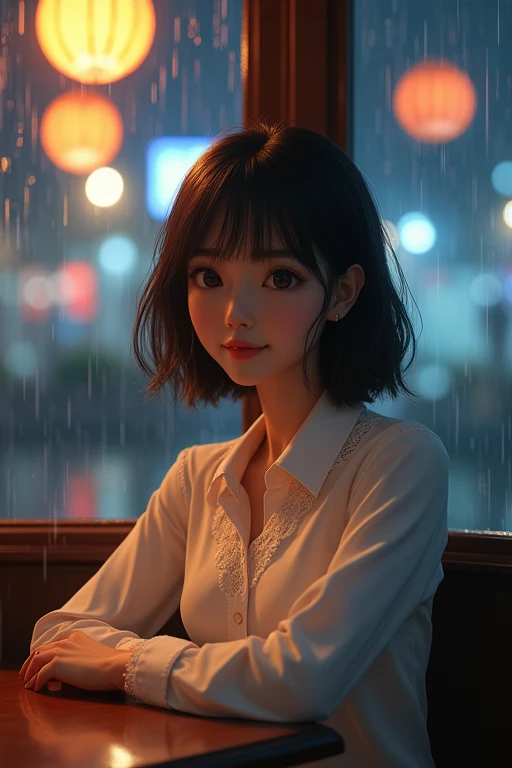 (8k, Best Quality, Masterpiece: 1.2), (Realistic, Photorealistic: 1.37), Super Detailed, 1 Girl, Cute, Alone, Beautiful Detailed Sky, Detailed Cafe, Night, Sitting, Date, ( Nose blush), (smile: 1.15), (close mouth) small breasts, beautiful details, (collared shirt: 1.1), night, wet, business wear, rain, white lace, (short hair: 1.2), floating Hair NovaFrogStyle,