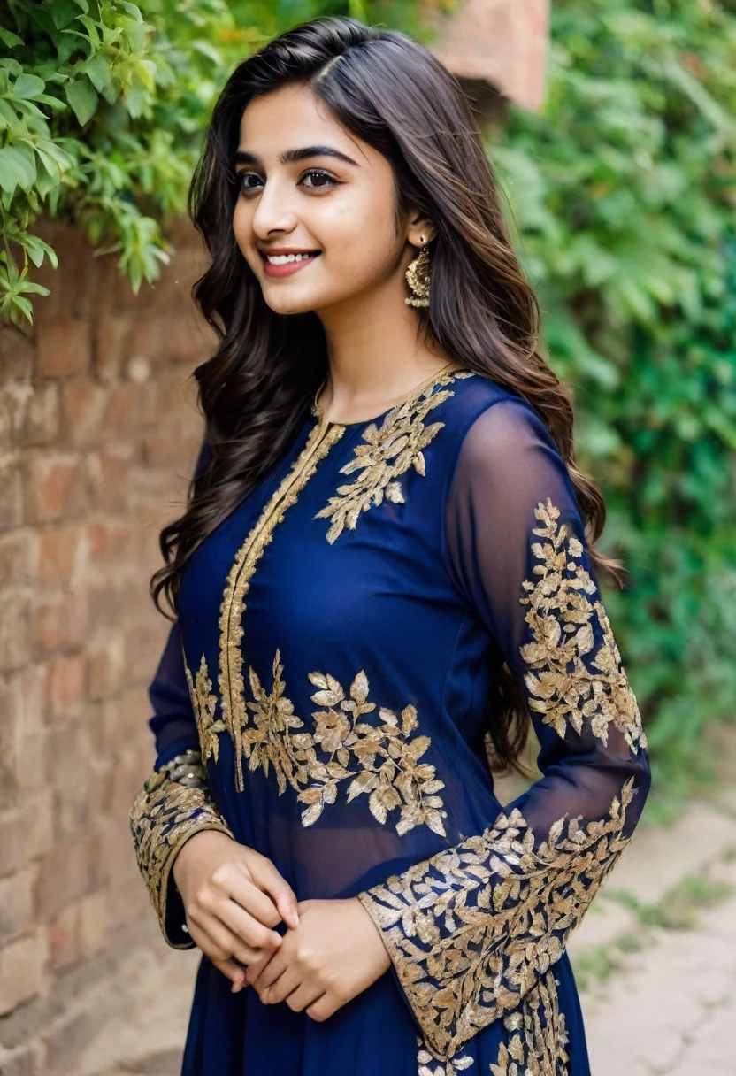 beautiful cute young attractive pakistan teenage girl, village girl, 1, cute, Instagram model.Confident Smile.Navy Blue Faux Georgette Gown With Metallic Foil And Embroidery. Color_hair, colorful Hollywood waves, dacing, in walk at my shopping, pakistan