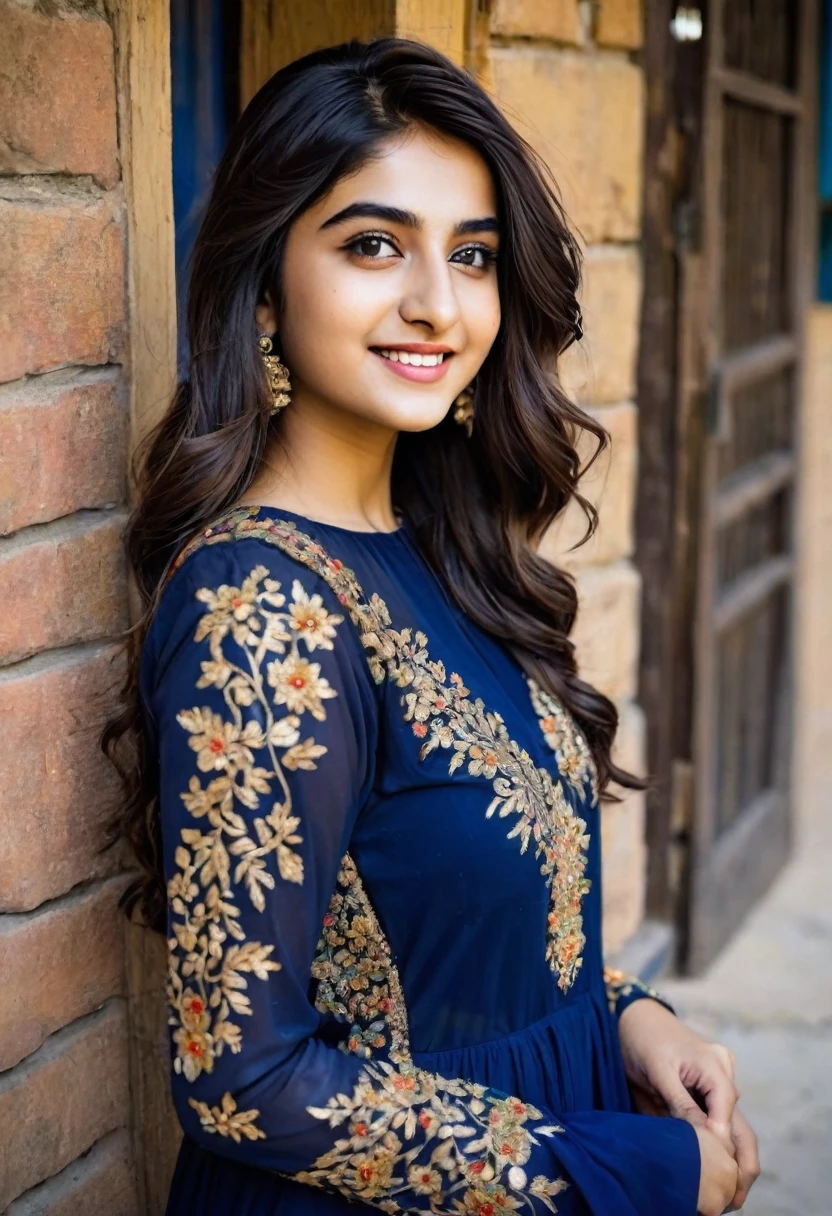 beautiful cute young attractive pakistan teenage girl, village girl, 1, cute, Instagram model.Confident Smile.Navy Blue Faux Georgette Gown With Metallic Foil And Embroidery. Color_hair, colorful Hollywood waves, dacing, in walk at my shopping, pakistan