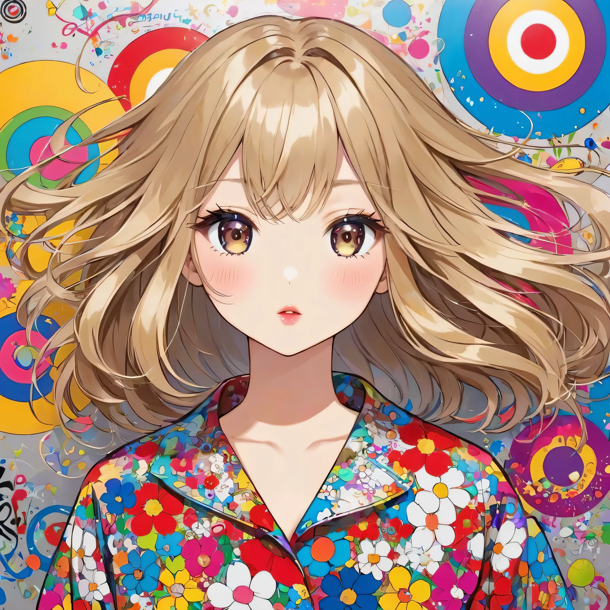 Takashi Murakami colorful style, Simple Line Initialism,Abstract art,(((The most beautiful girl of all time))), Lips in love, Dark Eyes, Graffiti on the wall, stylish design