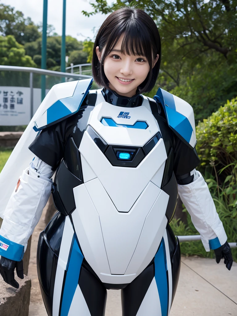 Japanese female android,Black Hair,White and blue robot suit,Plump,Watching animals at the zoo,smile