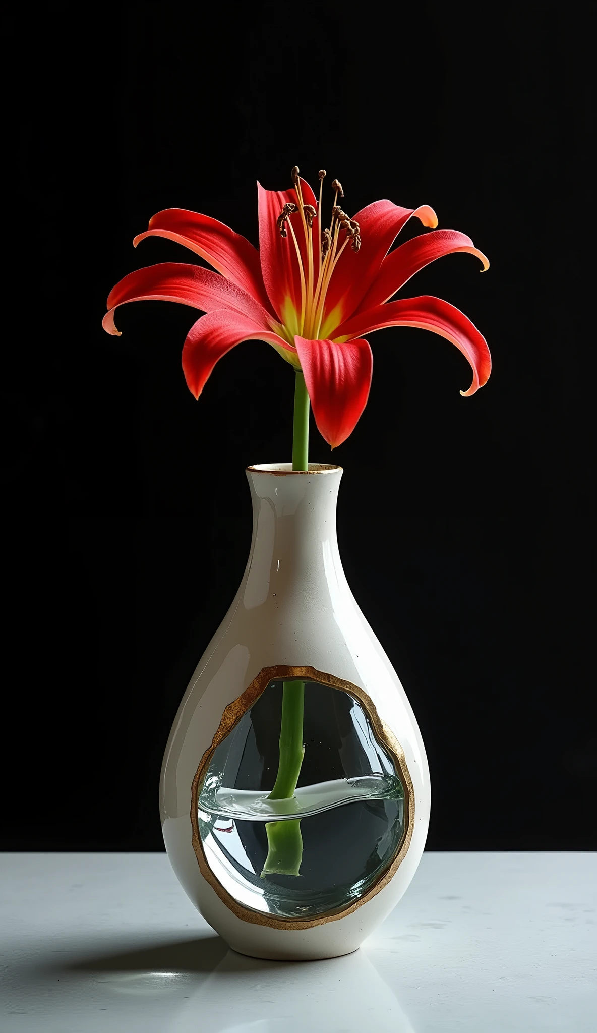 Complete separation and combination of ceramic and transparent glass materials, A vase made of ceramic and clear glass joined together using the kintsugi technique., Just one, Simple pottery and colorful glass"Wabisabi"aesthetics of, A single flower of red spider lily arranged in a vase, Water is poured in, Exquisite harmony that cooperates with each other&#39;s existence, Absolute beauty born from absurd combinations, Aesthetics emerge against a dark background, Simple and pure..., Beauty beyond words..., 