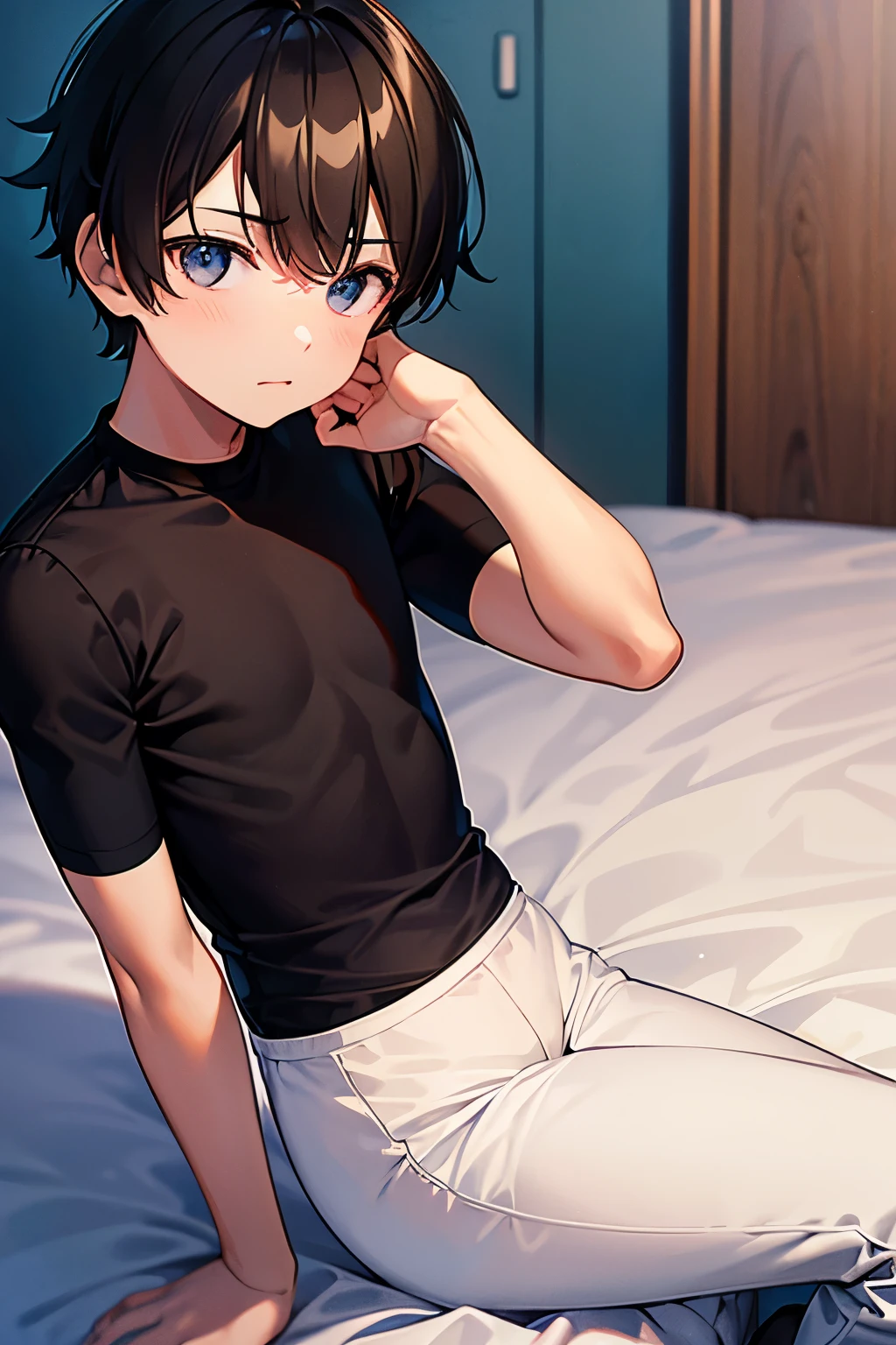 a boy sitting in a bedroom, wearing a white sleeve shirt and black long underwear, viewed from the side,