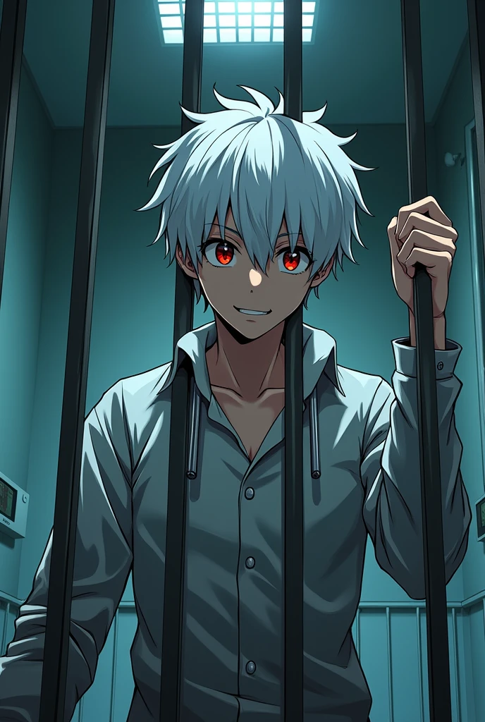 Man with white hair and red eyes, with a slight psychopathic smile, with a long-sleeved straitjacket, inside a room in a psychiatric hospital, bending the steel bars of his room. cheered up. anime.