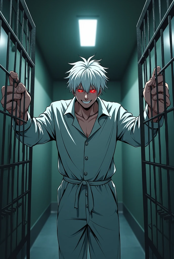 Man with white hair and red eyes, with a slight psychopathic smile, with a long-sleeved straitjacket, inside a room in a psychiatric hospital, bending the steel bars of his room. cheered up. anime.